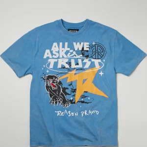 Discount All We Ask Is Trust Embroidered Washed Short Sleeve Tee - Blue Graphic Tees