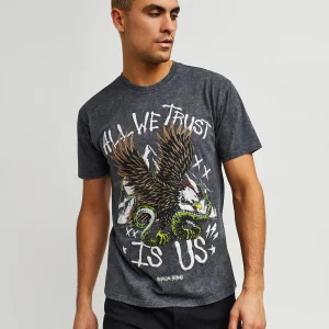 Best All We Trust Burnout Wash Short Sleeve Graphic Print Tee - Charcoal Graphic Tees