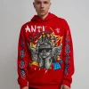 Cheap Anti Social Cherub Graphic Print Hoodie - Red Hoodies | Hoodies
