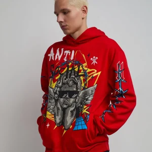 Cheap Anti Social Cherub Graphic Print Hoodie - Red Hoodies | Hoodies
