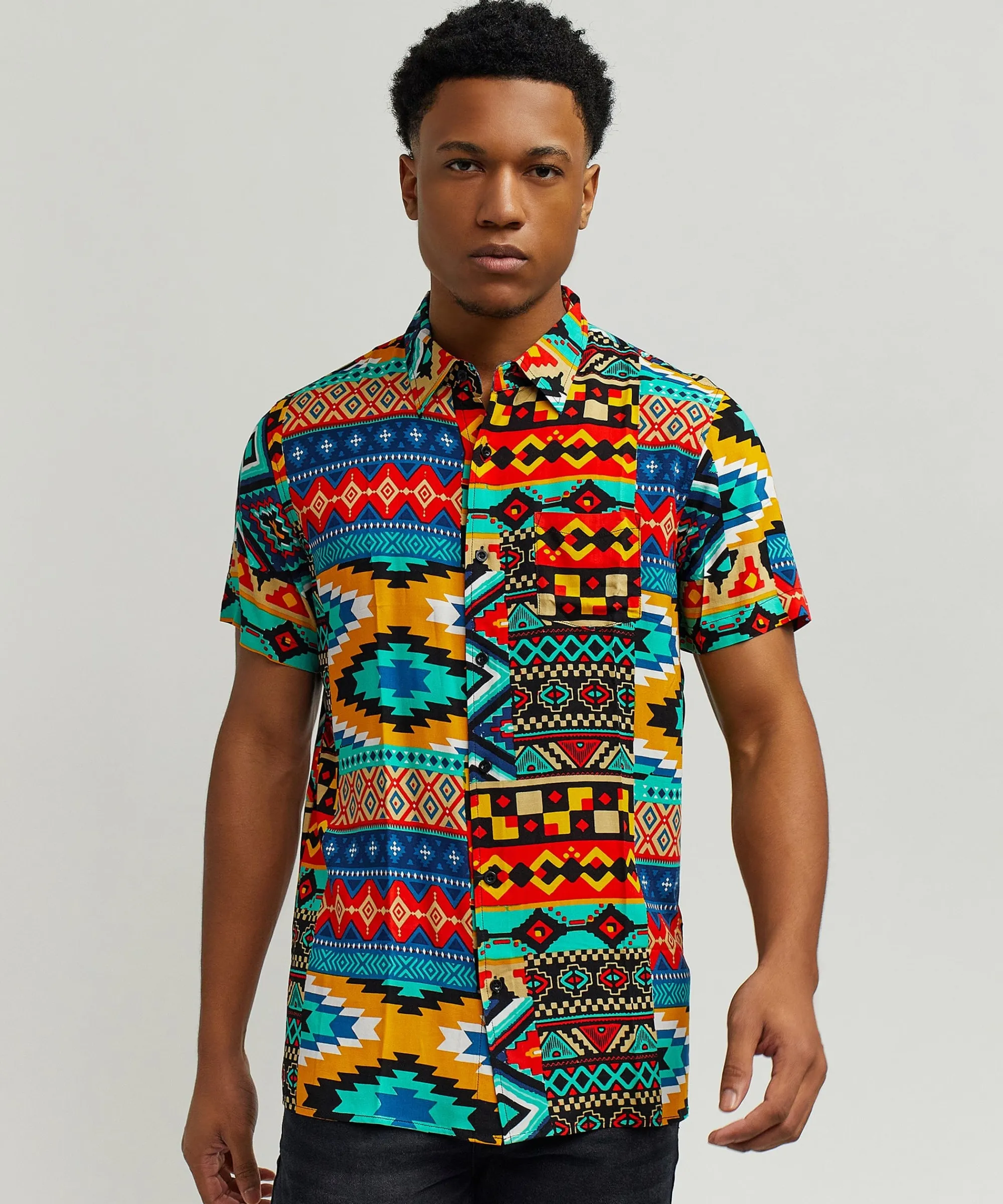 aztec_print_short_sleeve_shirt_0.webp Clearance Aztec Print Short Sleeve Shirt Button Downs