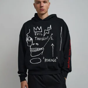 Fashion Basquiat™ Evil Thoughts Embroidered Hoodie - Black Hoodies | Hoodies