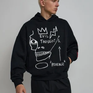 Fashion Basquiat™ Evil Thoughts Embroidered Hoodie - Black Hoodies | Hoodies