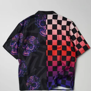 New Checkers And Skulls Split Woven Short Sleeve Shirt Button Downs