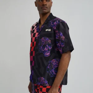 New Checkers And Skulls Split Woven Short Sleeve Shirt Button Downs