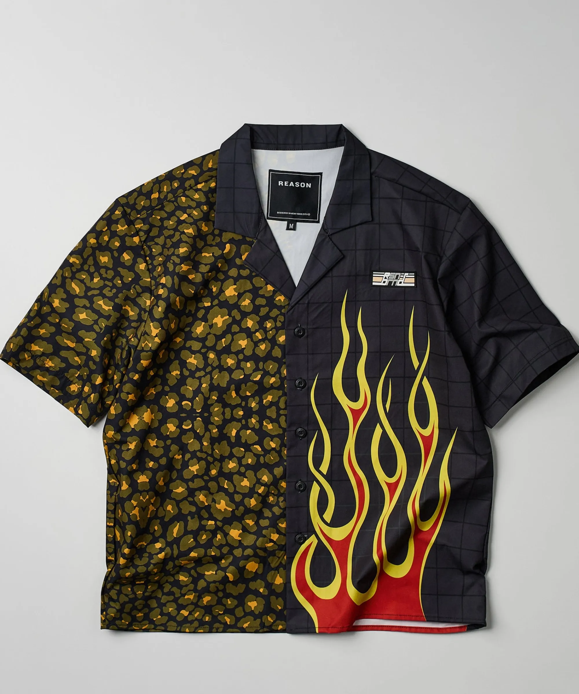 cheetah_and_flames_split_woven_short_sleeve_shirt_0.webp Cheap Cheetah And Flames Split Woven Short Sleeve Shirt Button Downs