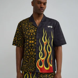 Cheap Cheetah And Flames Split Woven Short Sleeve Shirt Button Downs