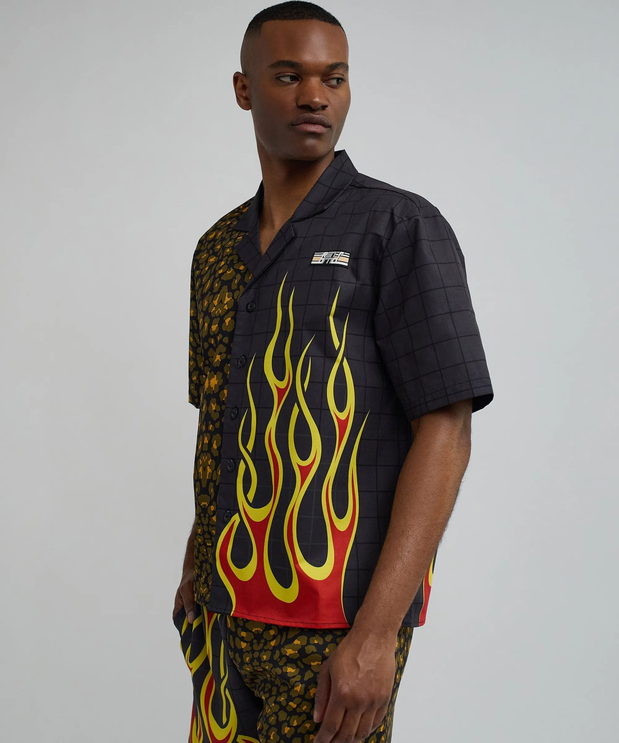 cheetah_and_flames_split_woven_short_sleeve_shirt_3.webp Cheap Cheetah And Flames Split Woven Short Sleeve Shirt Button Downs