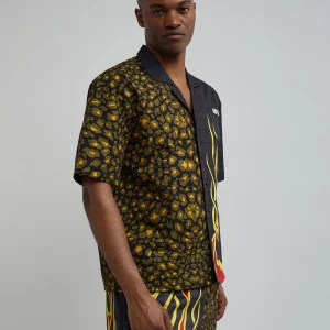 Cheap Cheetah And Flames Split Woven Short Sleeve Shirt Button Downs