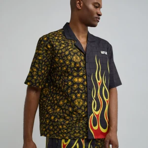 Cheap Cheetah And Flames Split Woven Short Sleeve Shirt Button Downs