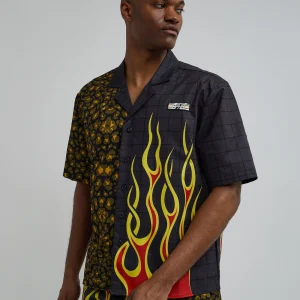 Cheap Cheetah And Flames Split Woven Short Sleeve Shirt Button Downs