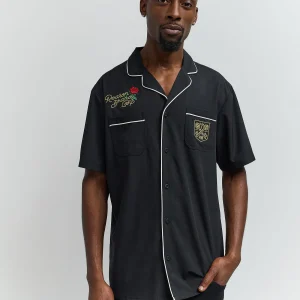 Cheap Clubmaster Short Sleeve Embroidered Button Down Shirt - Black Button Downs