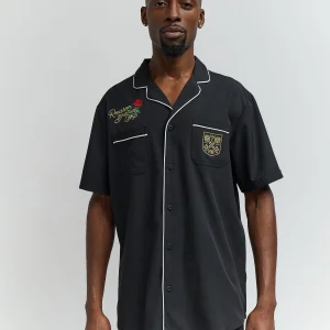 Cheap Clubmaster Short Sleeve Embroidered Button Down Shirt - Black Button Downs