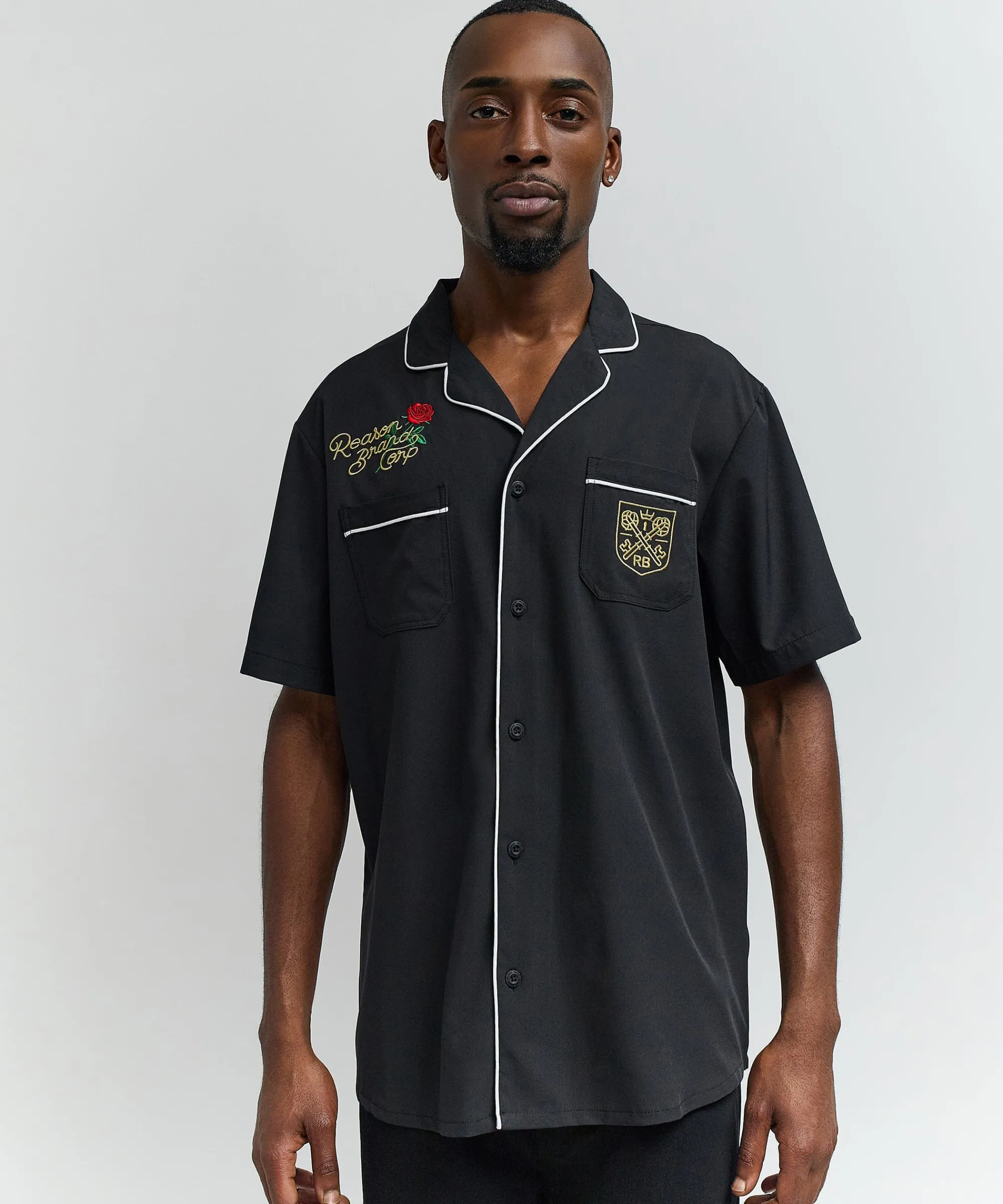 clubmaster_short_sleeve_embroidered_button_down_shirt__black_3.webp Cheap Clubmaster Short Sleeve Embroidered Button Down Shirt - Black Button Downs