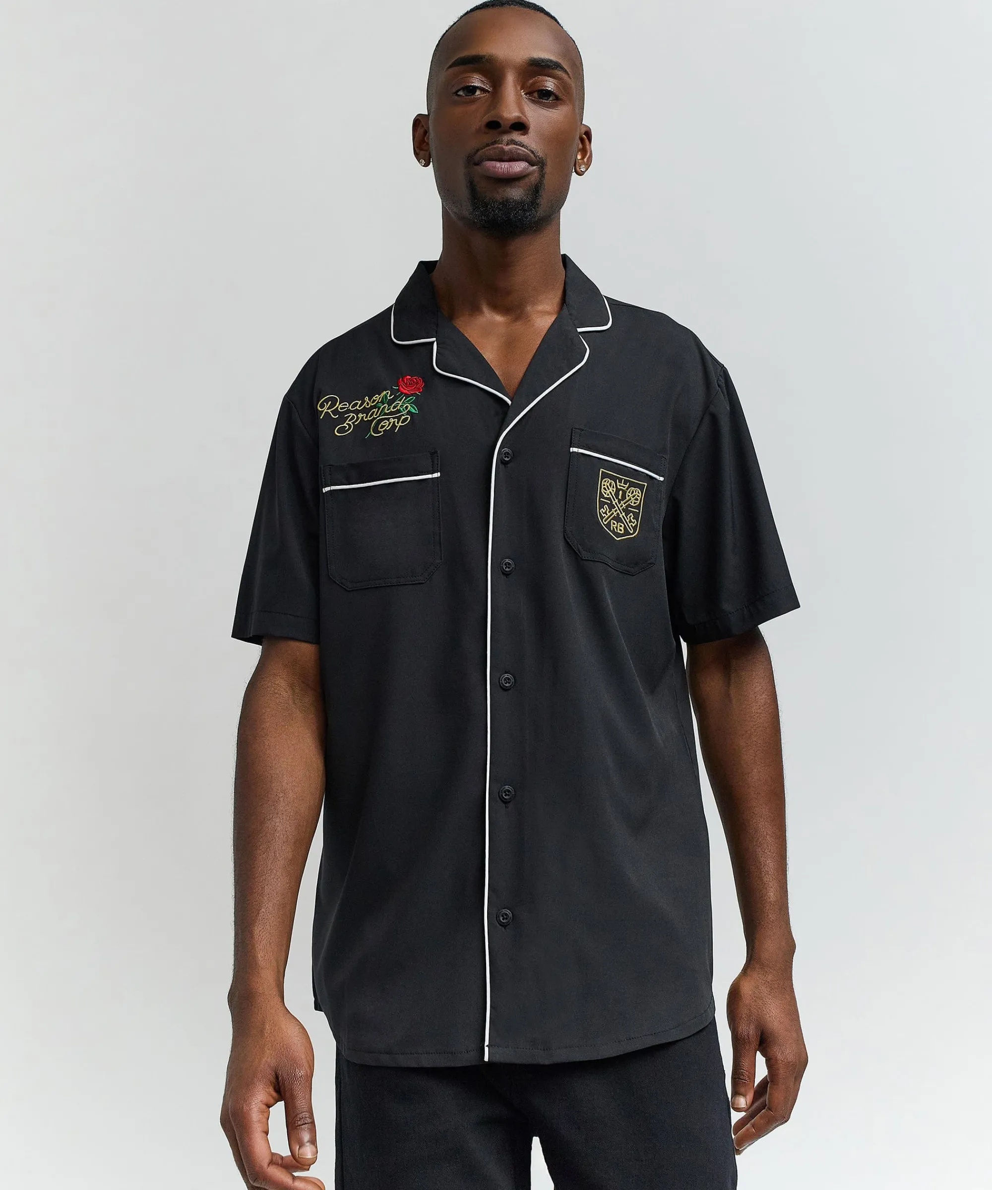 clubmaster_short_sleeve_embroidered_button_down_shirt__black_4.webp Cheap Clubmaster Short Sleeve Embroidered Button Down Shirt - Black Button Downs