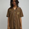 Cheap Clubmaster Short Sleeve Embroidered Button Down Shirt - Brown Button Downs