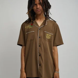 Cheap Clubmaster Short Sleeve Embroidered Button Down Shirt - Brown Button Downs