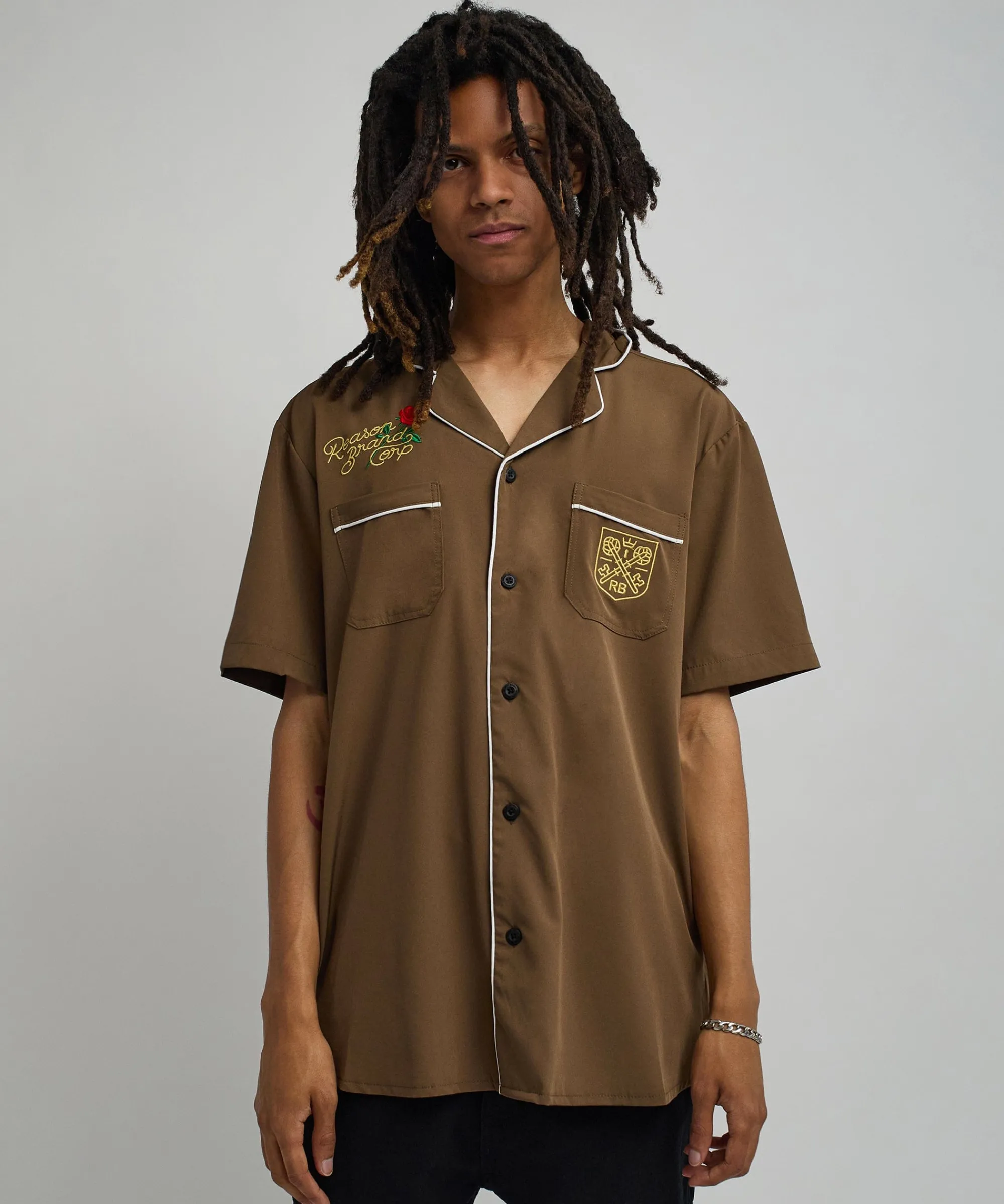 clubmaster_short_sleeve_embroidered_button_down_shirt__brown_0.webp Cheap Clubmaster Short Sleeve Embroidered Button Down Shirt - Brown Button Downs