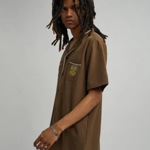 Cheap Clubmaster Short Sleeve Embroidered Button Down Shirt - Brown Button Downs