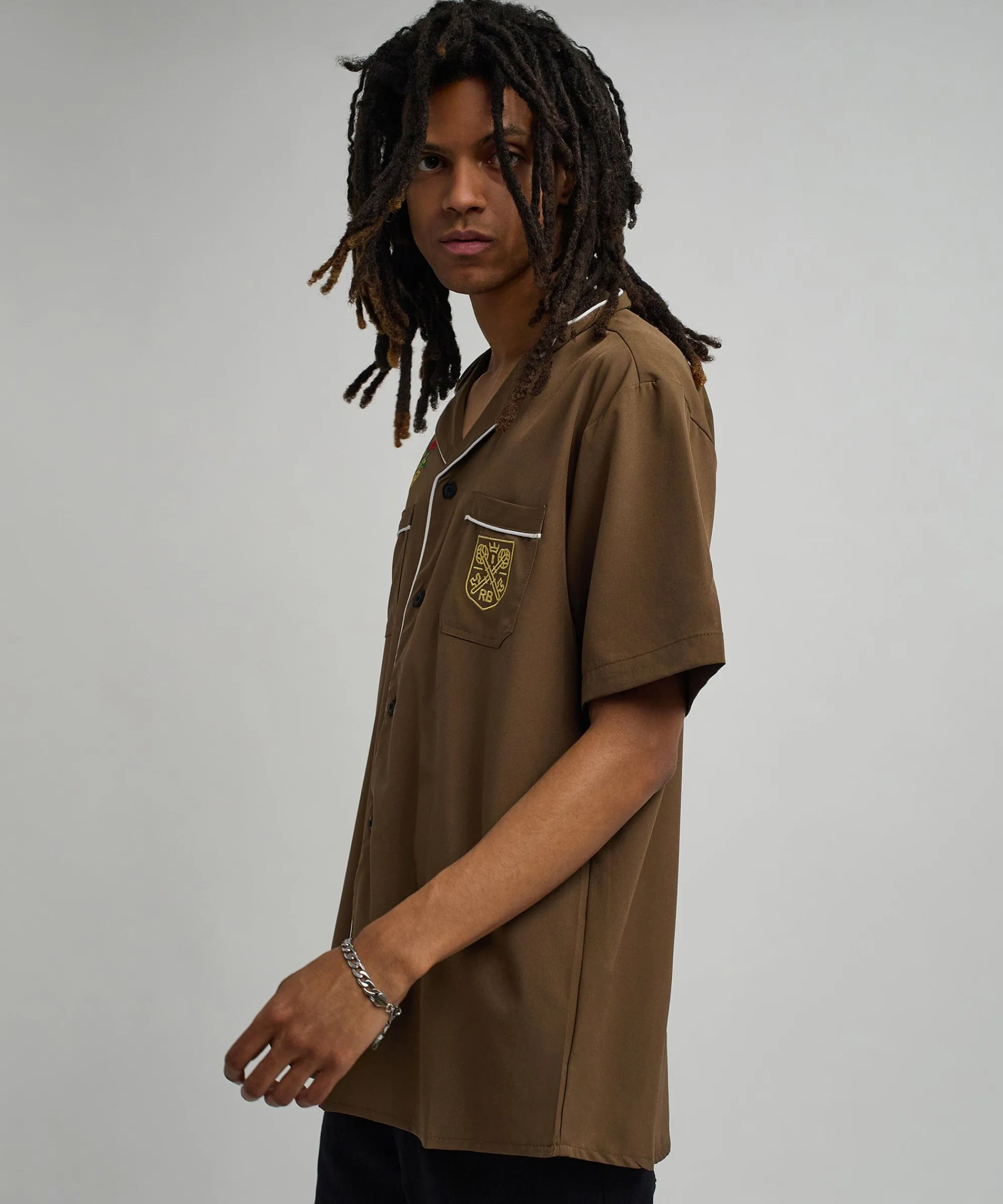 clubmaster_short_sleeve_embroidered_button_down_shirt__brown_2.webp Cheap Clubmaster Short Sleeve Embroidered Button Down Shirt - Brown Button Downs