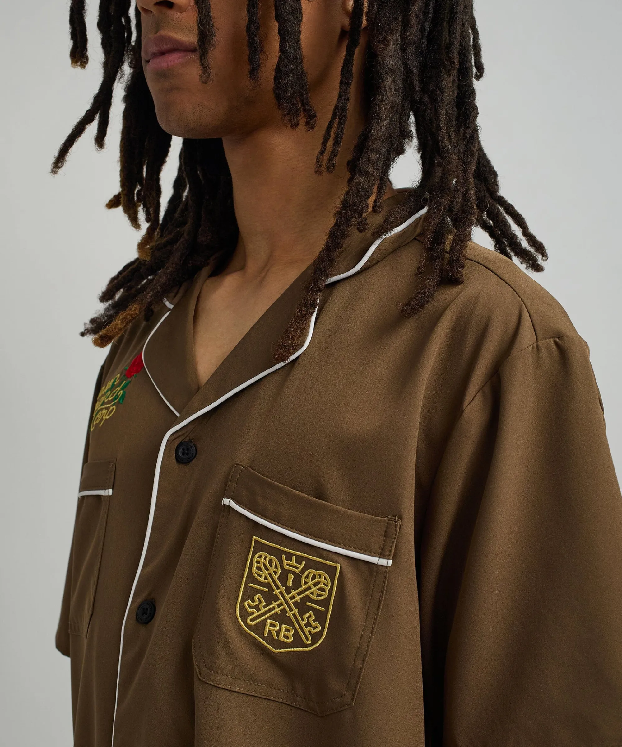 clubmaster_short_sleeve_embroidered_button_down_shirt__brown_4.webp Cheap Clubmaster Short Sleeve Embroidered Button Down Shirt - Brown Button Downs