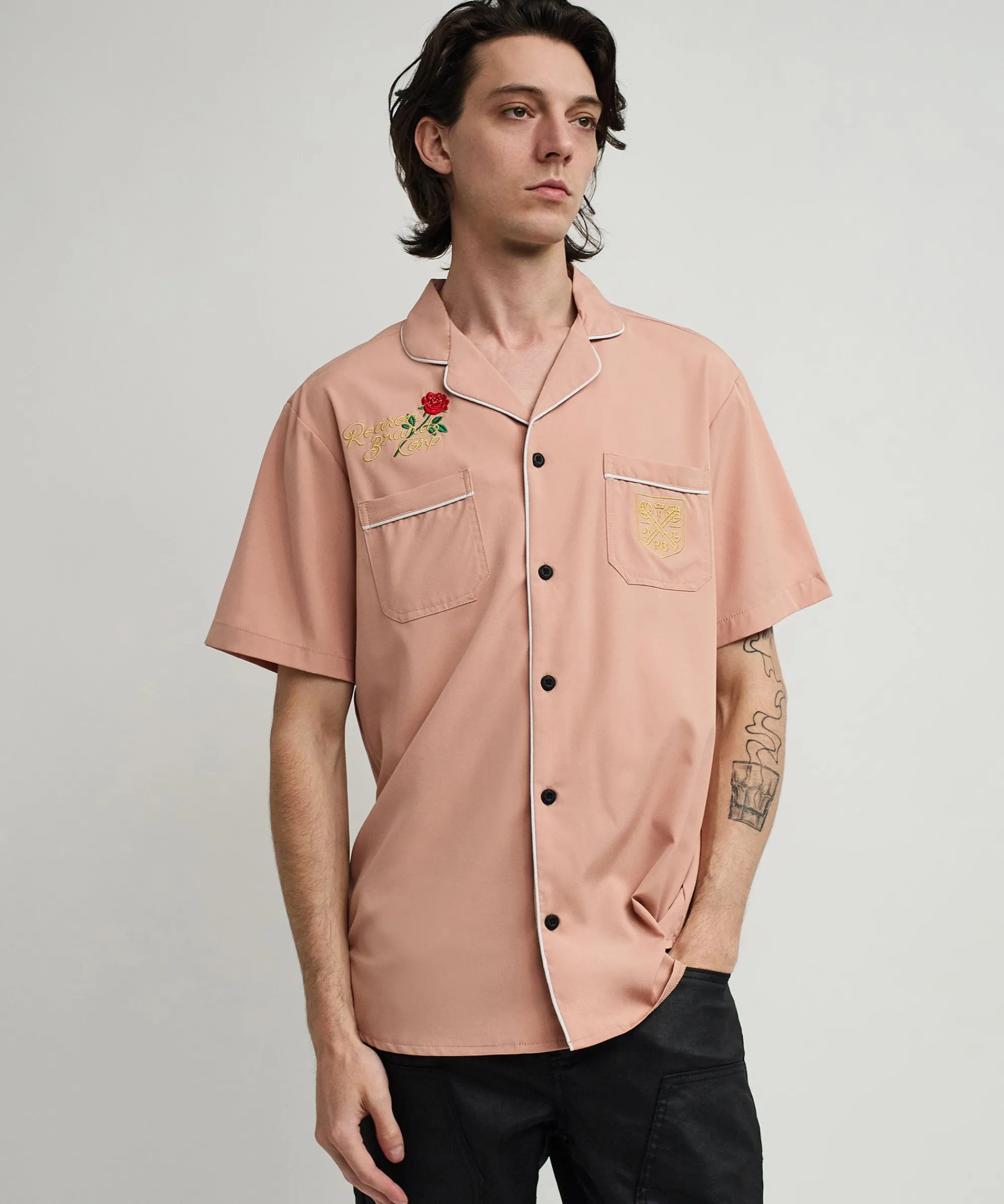 clubmaster_short_sleeve_embroidered_button_down_shirt__sand_0.webp Clearance Clubmaster Short Sleeve Embroidered Button Down Shirt - Sand Button Downs