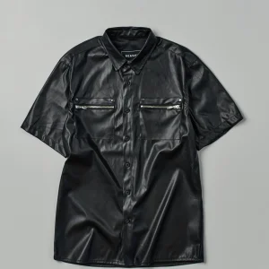 Shop Dante Faux Leather Short Sleeve Shirt - Black Button Downs