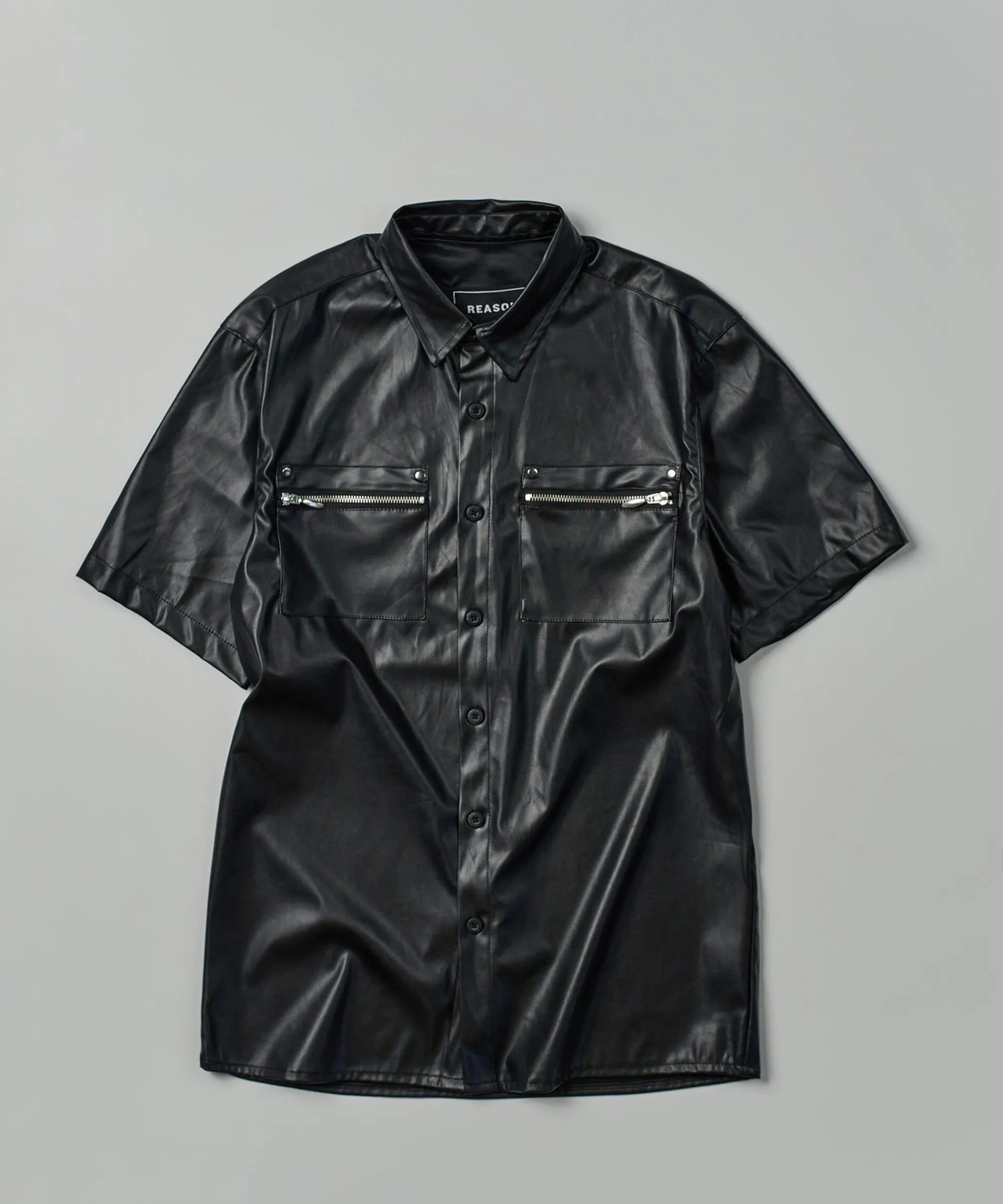 dante_faux_leather_short_sleeve_shirt__black_0.webp Shop Dante Faux Leather Short Sleeve Shirt - Black Button Downs
