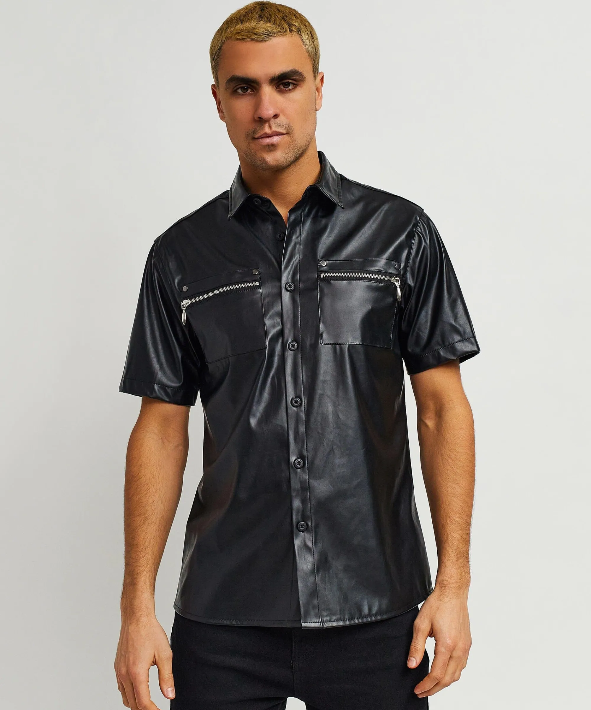 dante_faux_leather_short_sleeve_shirt__black_2.webp Shop Dante Faux Leather Short Sleeve Shirt - Black Button Downs