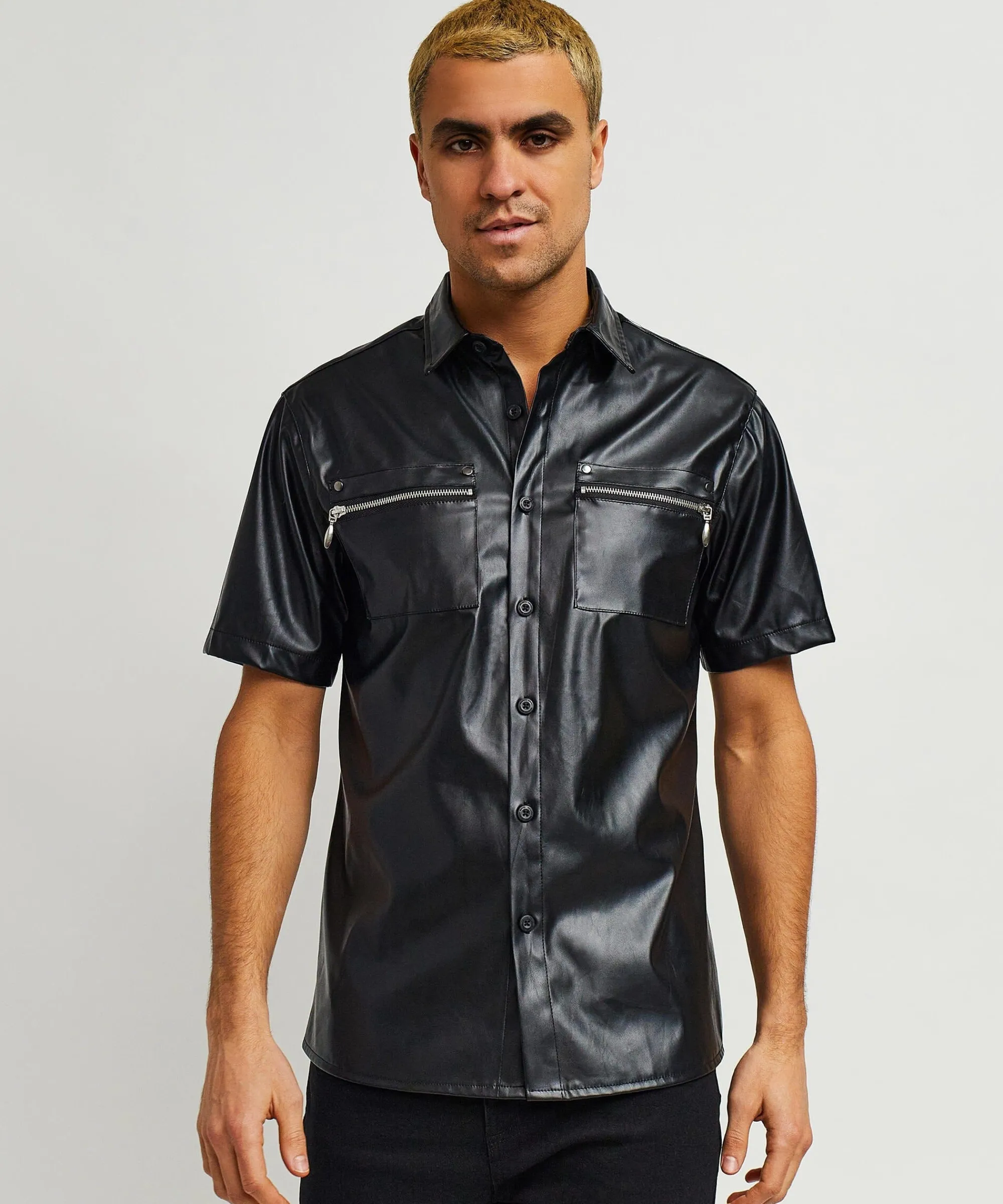 dante_faux_leather_short_sleeve_shirt__black_4.webp Shop Dante Faux Leather Short Sleeve Shirt - Black Button Downs