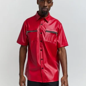 Outlet Dante Faux Leather Short Sleeve Shirt - Red Button Downs