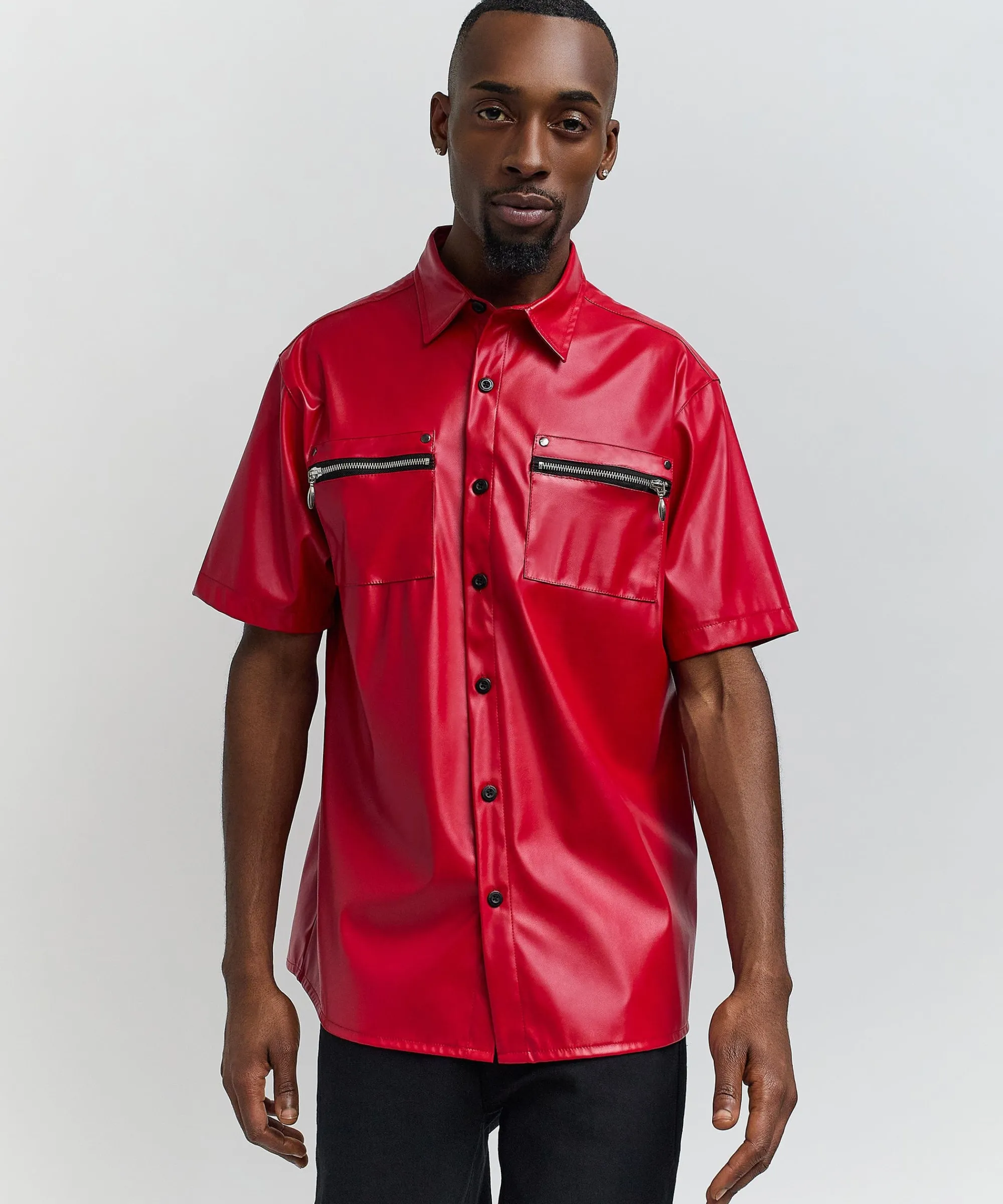 dante_faux_leather_short_sleeve_shirt__red_0.webp Outlet Dante Faux Leather Short Sleeve Shirt - Red Button Downs