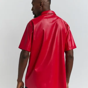Outlet Dante Faux Leather Short Sleeve Shirt - Red Button Downs