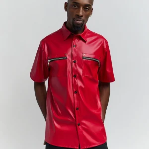 Outlet Dante Faux Leather Short Sleeve Shirt - Red Button Downs