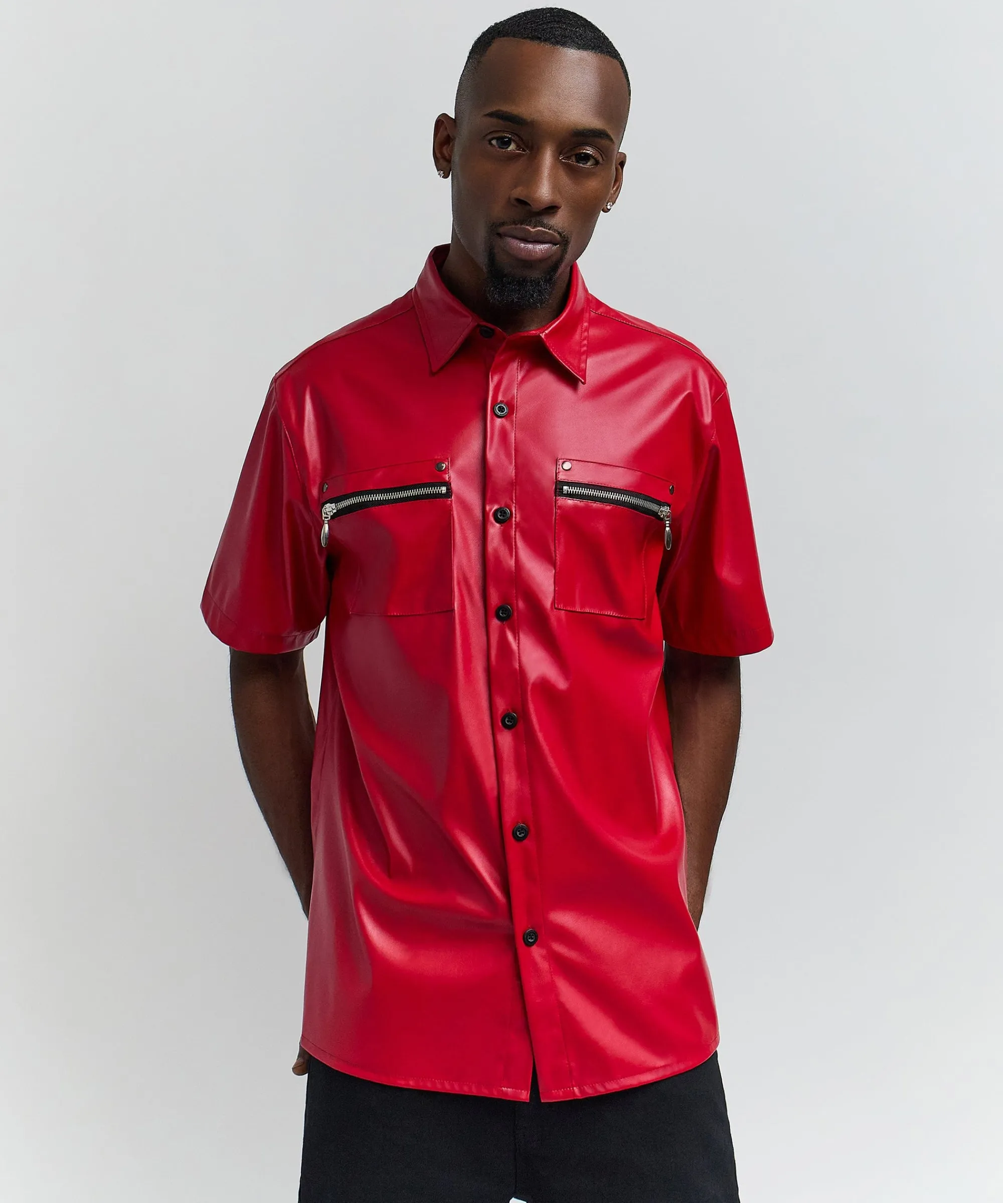 dante_faux_leather_short_sleeve_shirt__red_4.webp Outlet Dante Faux Leather Short Sleeve Shirt - Red Button Downs