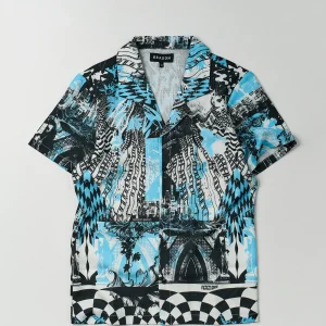 Cheap District Linen Texture Short Sleeve Button Down Shirt - Blue Button Downs