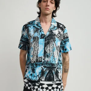 Cheap District Linen Texture Short Sleeve Button Down Shirt - Blue Button Downs