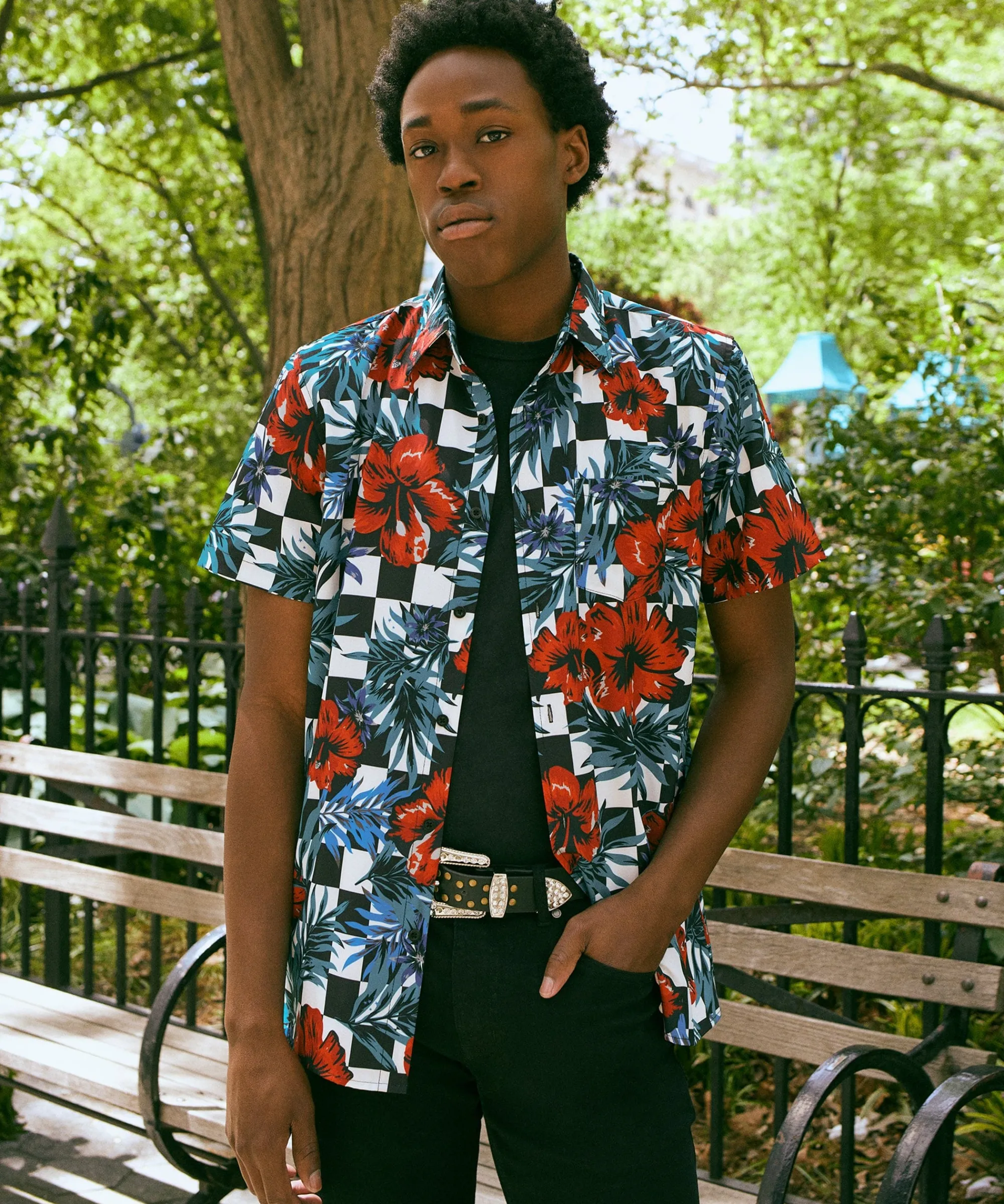 floral_check_print_short_sleeve_shirt_0.webp Clearance Floral Check Print Short Sleeve Shirt Button Downs