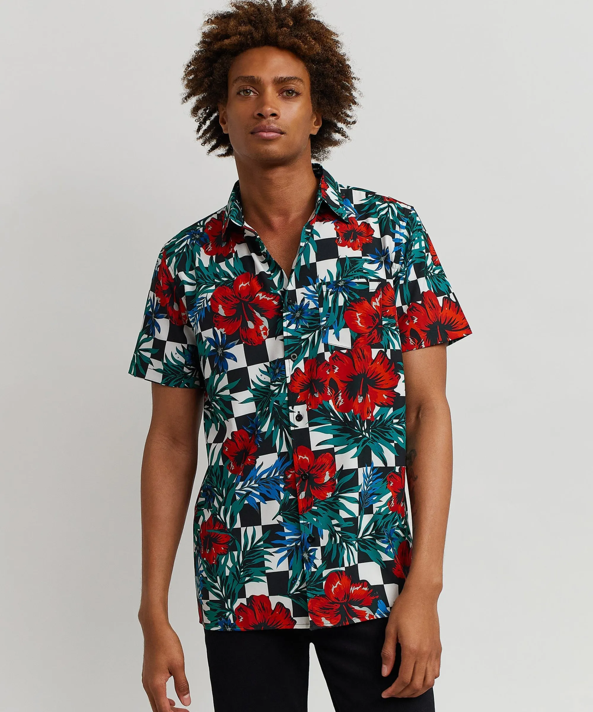 floral_check_print_short_sleeve_shirt_3.webp Clearance Floral Check Print Short Sleeve Shirt Button Downs