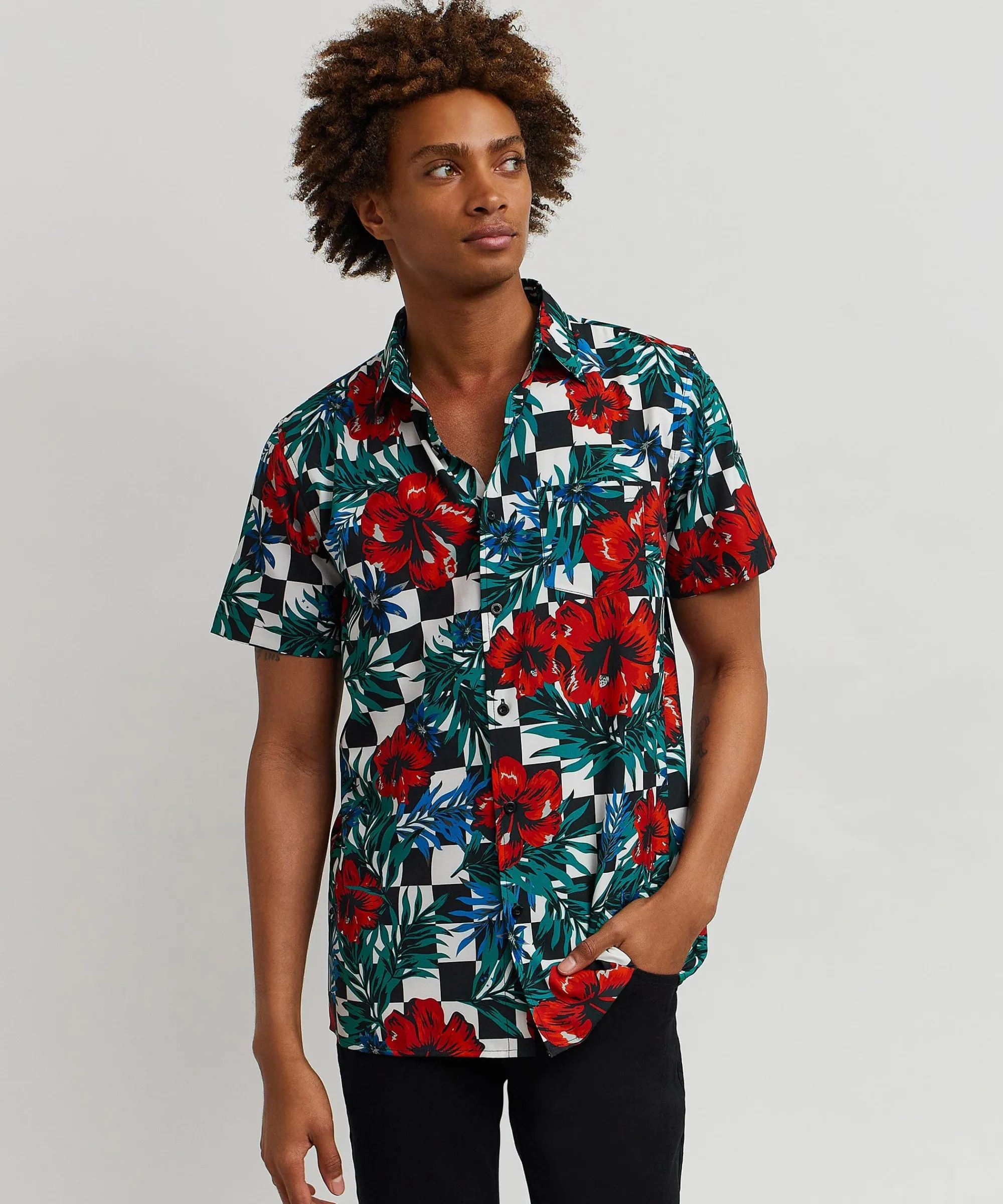 floral_check_print_short_sleeve_shirt_4.webp Clearance Floral Check Print Short Sleeve Shirt Button Downs