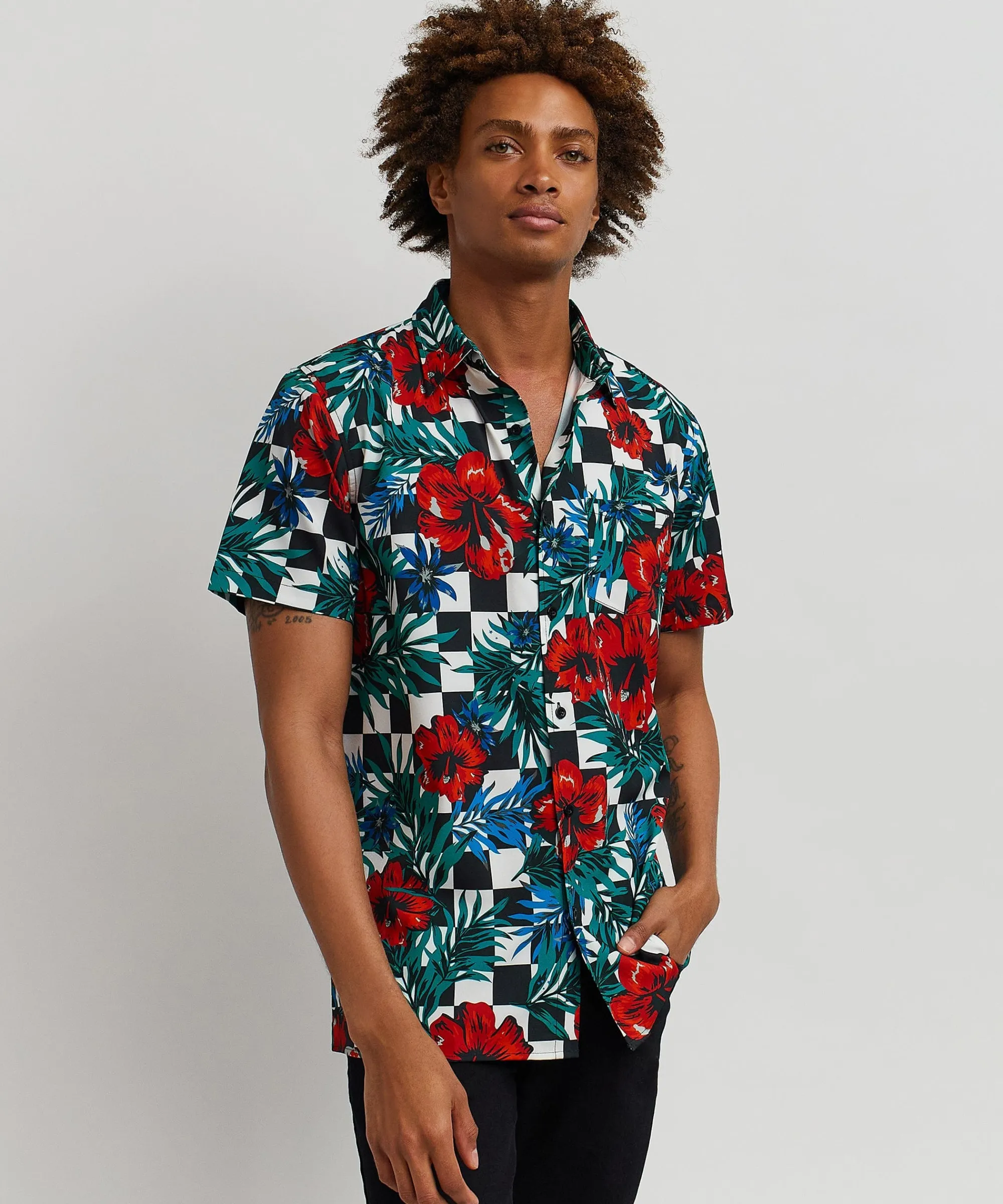 floral_check_print_short_sleeve_shirt_5.webp Clearance Floral Check Print Short Sleeve Shirt Button Downs
