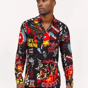 Hot Fury Graffiti Allover Print Long Sleeve Shirt Button Downs