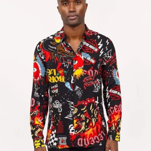 Hot Fury Graffiti Allover Print Long Sleeve Shirt Button Downs