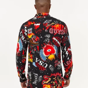 Hot Fury Graffiti Allover Print Long Sleeve Shirt Button Downs