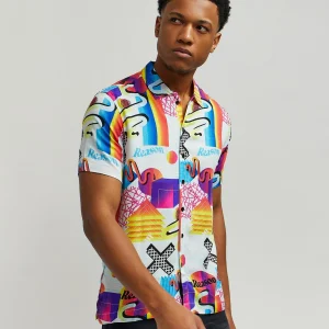 Clearance Geo Shape Allover Print Short Sleeve Shirt Button Downs