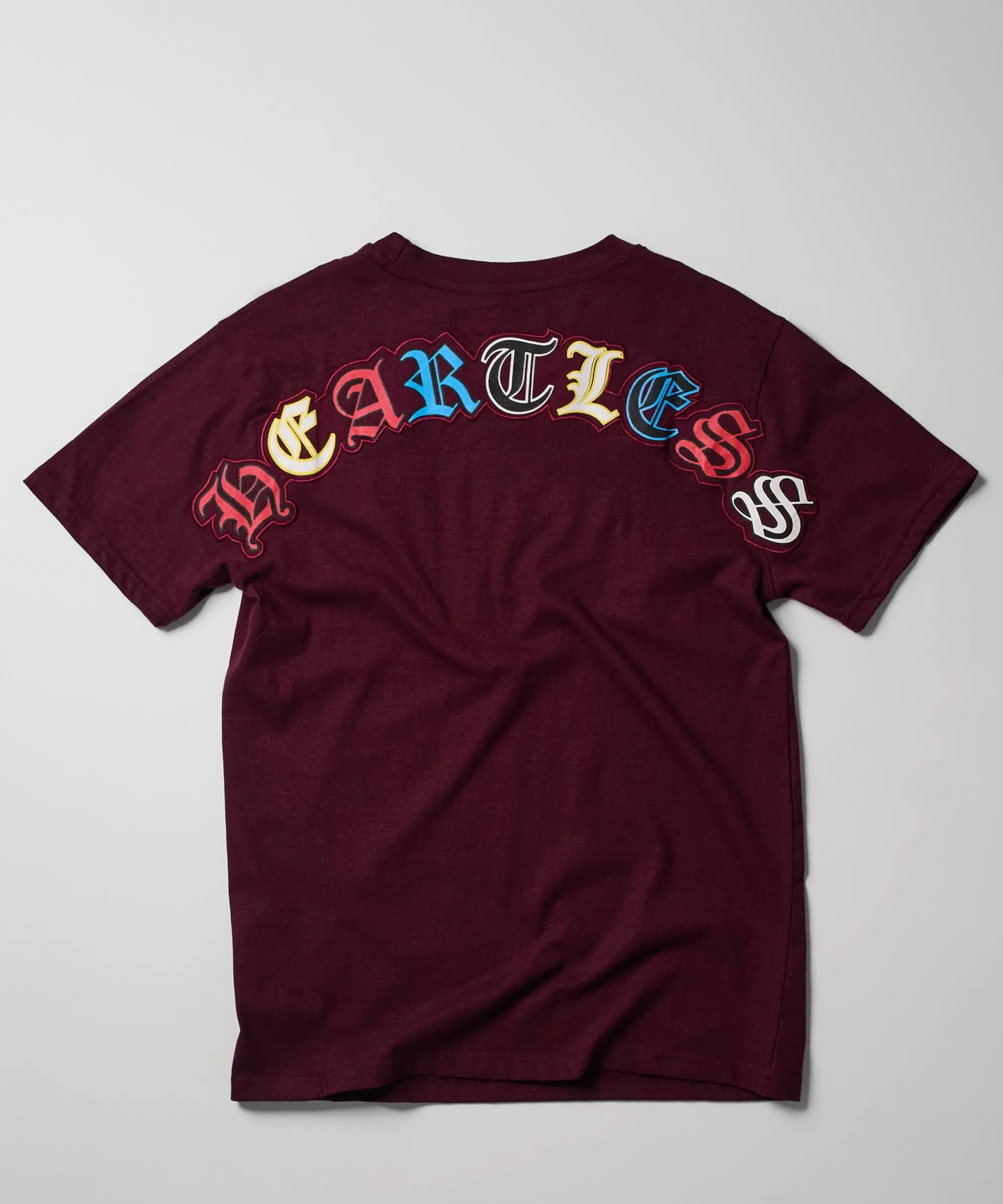 heartless_embroidered_short_sleeve_tee__burgundy_1.webp Cheap Heartless Embroidered Short Sleeve Tee - Burgundy Graphic Tees