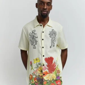 Discount Kamikaze Linen Texture Button Down Short Sleeve Shirt - Tan Button Downs
