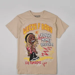 Clearance Lil Wayne Real GS Front And Back Print Short Sleeve Tee - Khaki Graphic Tees