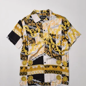 Fashion Medusa Gold Chain Short Sleeve Woven Shirt Button Downs