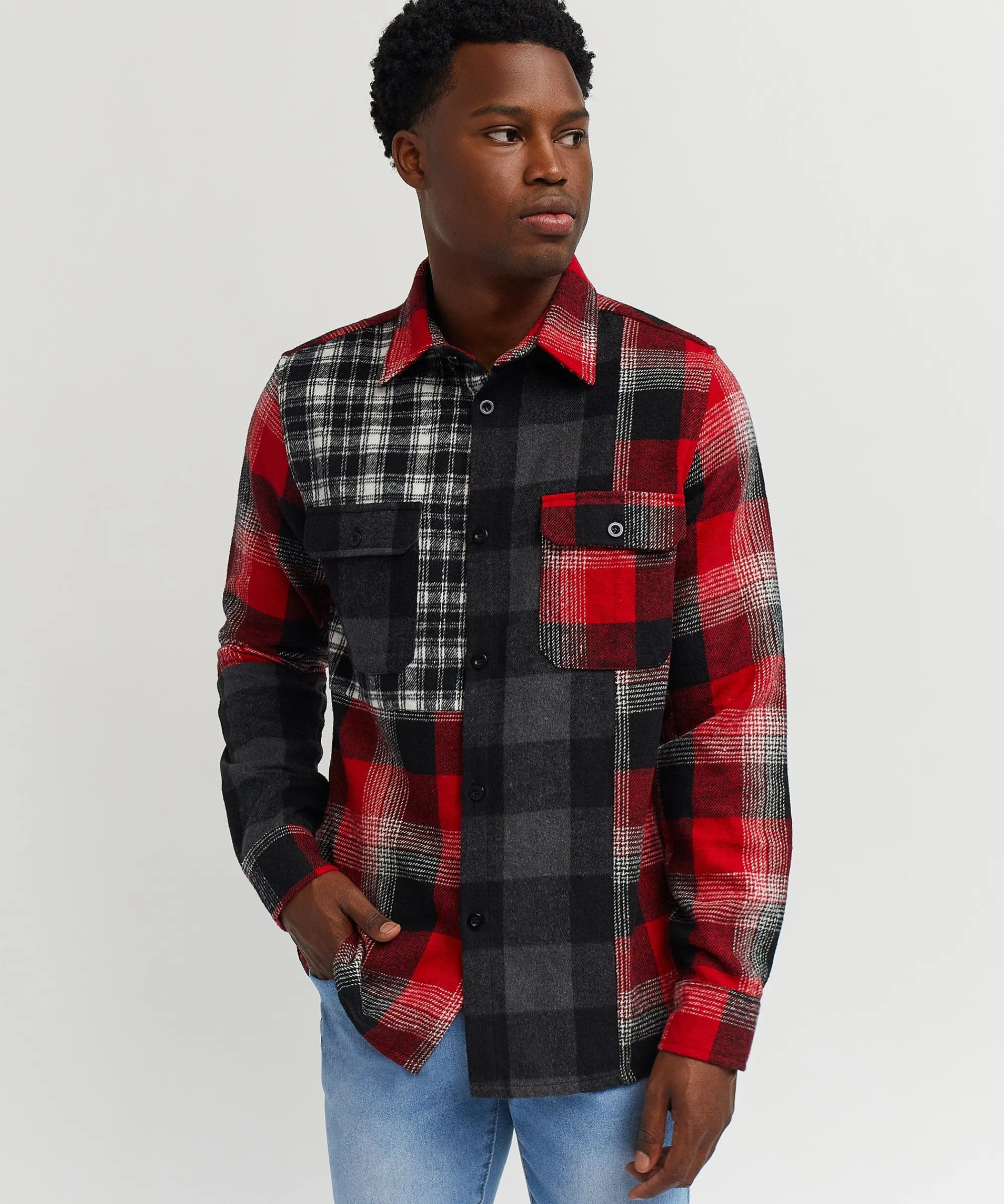 multi_panel_checkered_overshirt__red_0.webp Fashion Multi Panel Checkered Overshirt - Red Flannels | Button Downs